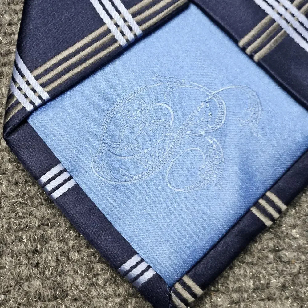 Bugatti Neck Tie Blue Diamond Plaid‎ Pattern 100% Silk Navy White Band Stripes